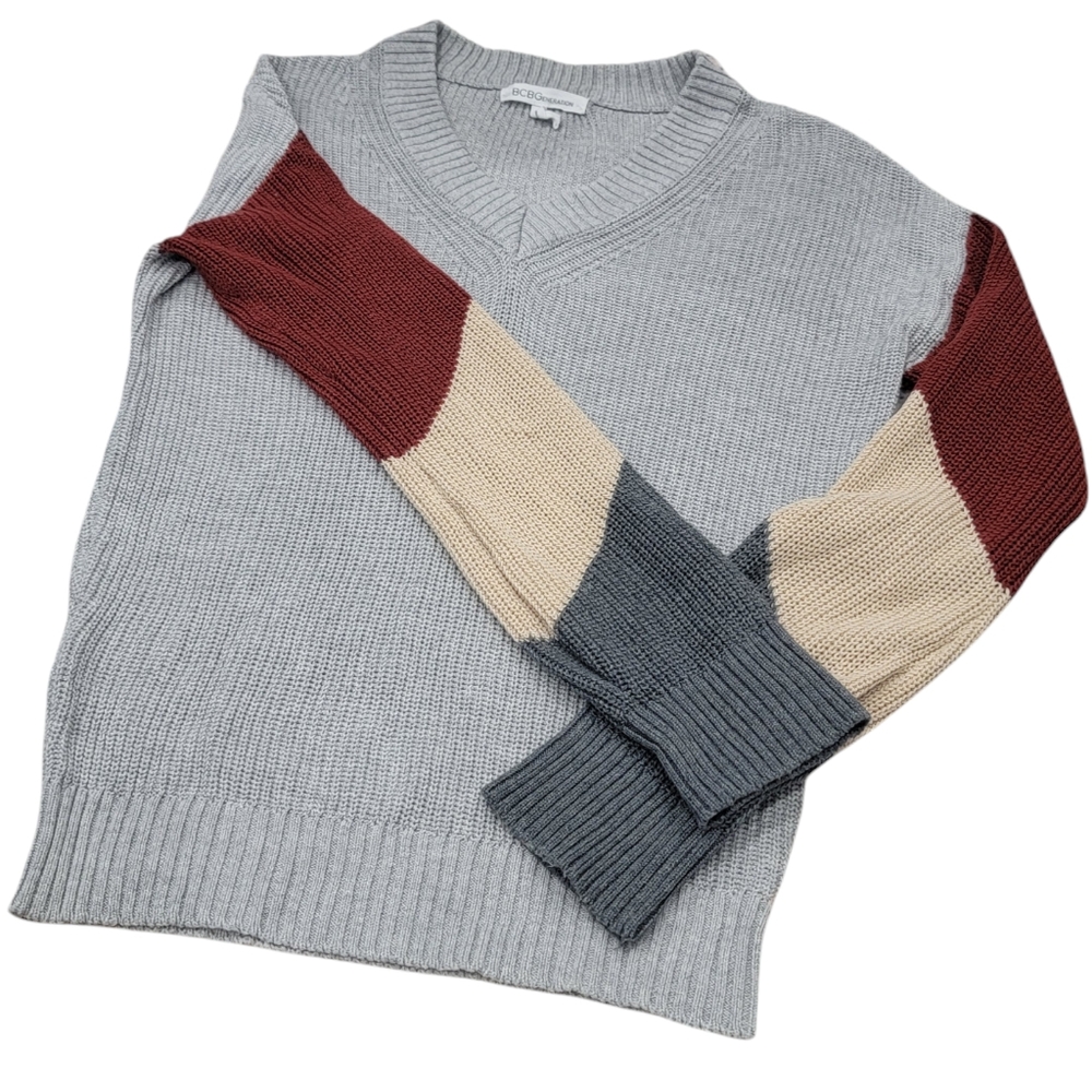 BCBGeneration V-neck Knit Sweater Colorblock Lantern Sleeves Grey Women’… - Picture 15 of 16